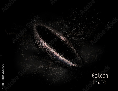 Isolated oval frame with glittering golden tinsel on black background, design element.