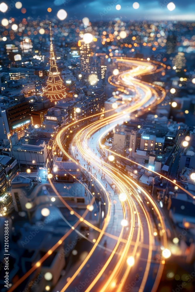 Fototapeta premium Night Cityscape with Illuminated Roads and Tower.