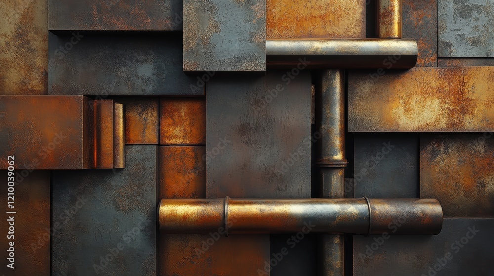 Industrial metallic wall art with rusty textures and patina surfaces Industrial metallic wall art with rusty textures and patina surfaces
