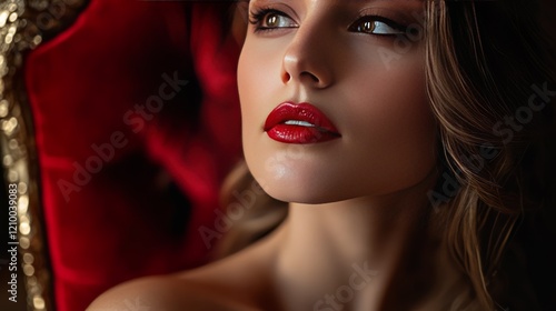 Wallpaper Mural close-up portrait of woman with red lipstick, sitting in elegant red chair, dramatic lighting and luxurious atmosphere Torontodigital.ca