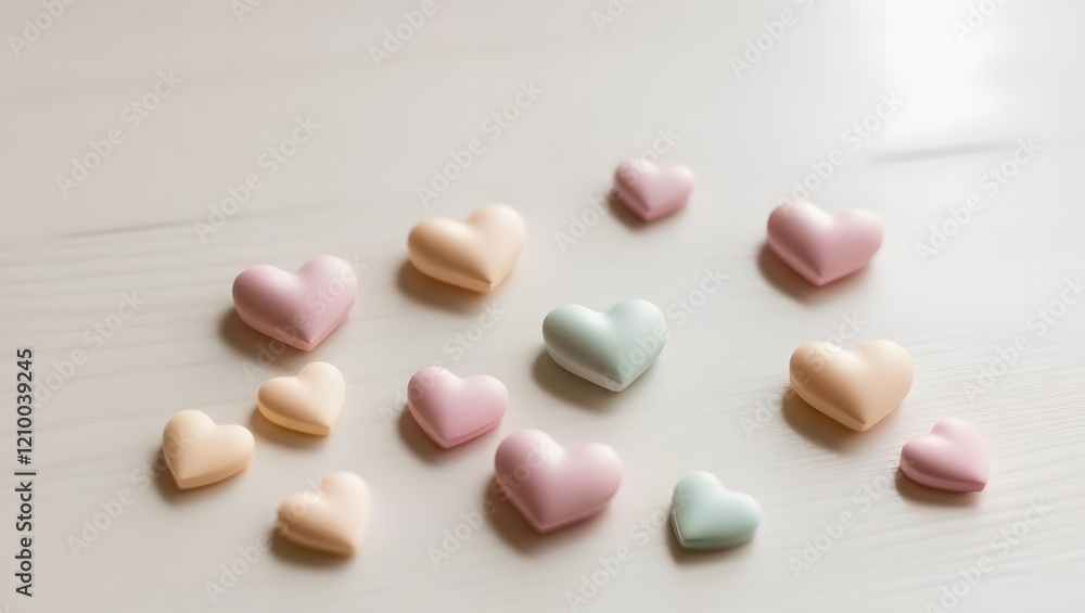 Pastel Heart Candies Arranged on Light Wood Surface Romantic Concept Pastel Heart Candies Arranged on Light Wood Surface Romantic Concept