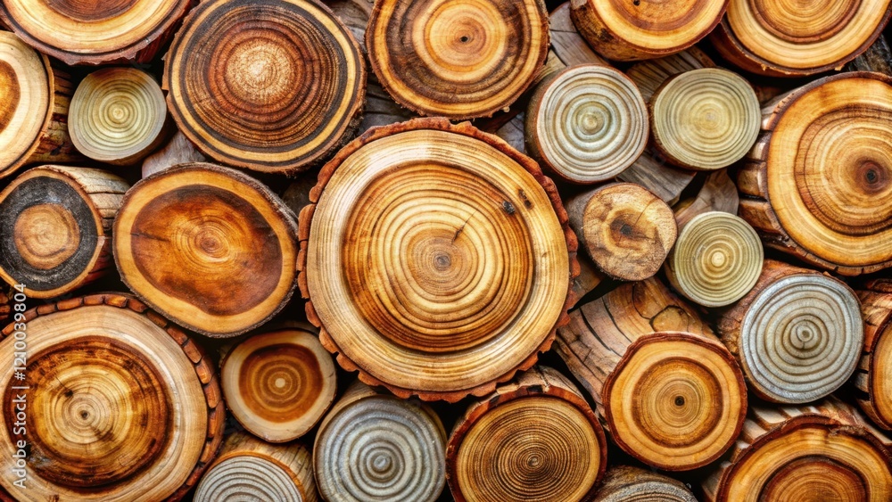 Intricate Wood Grain Patterns A Detailed View of Cross-Sectioned Tree Trunks Displaying Concentric Rings and Unique Textures