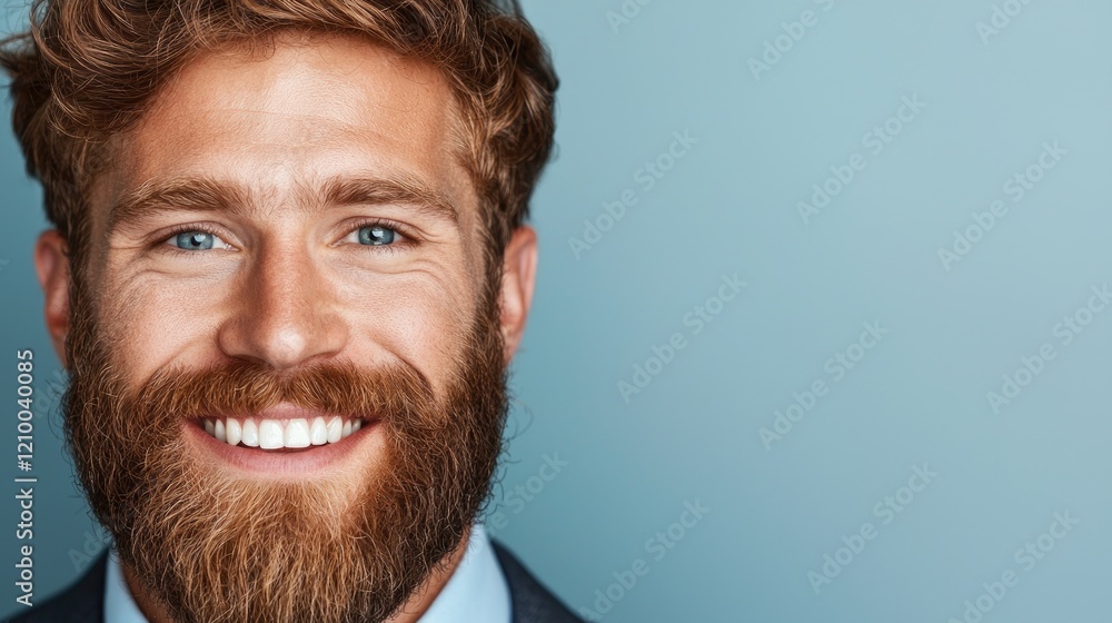 Fototapeta premium Smiling young businessman with a thick brown beard and blue eyes looking at the camera against a blue background.