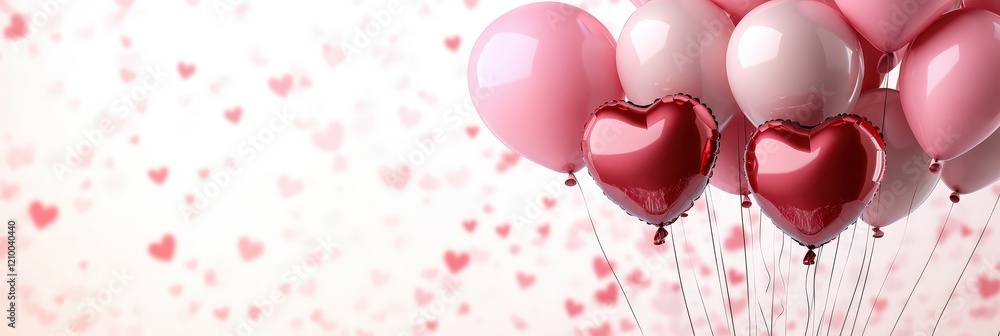 Pink and Red Heart-Shaped Balloons on a Soft Pink Background with Floating Confetti for a Festive Celebration Theme Pink and Red Heart-Shaped Balloons on a Soft Pink Background with Floating Confetti for a Festive Celebration Theme