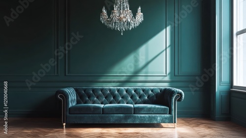 Elegant teal sofa with a crystal chandelier in a room with a wooden floor and a large window