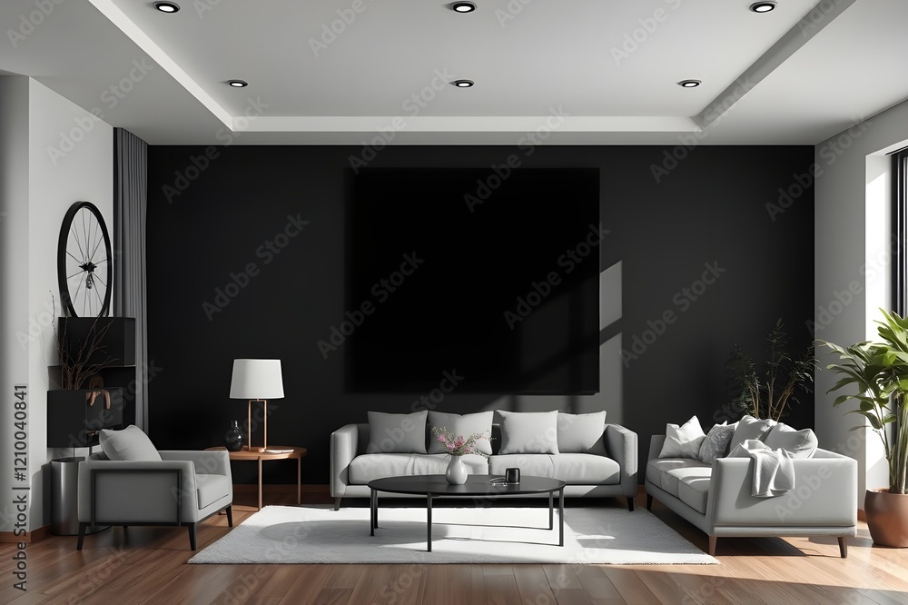 Blueprint project draft, frame mockup, wooden nordic living room with parquet and arched walls, sofa, carpet, lamp, rattan table, potted plants. Modern scandinavian interior design, 3d illustration Blueprint project draft, frame mockup, wooden nordic living room with parquet and arched walls, sofa, carpet, lamp, rattan table, potted plants. Modern scandinavian interior design, 3d illustration