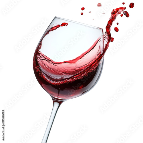A tipped-over wine glass with red wine spilling, isolated on white.