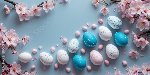 Frame with white and blue speckled easter eggs and cherry blossoms on light blue background. 