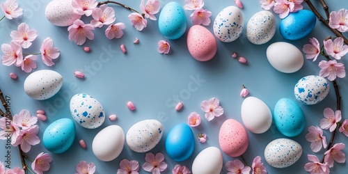 Frame with white and blue speckled easter eggs and cherry blossoms on light blue background. 
