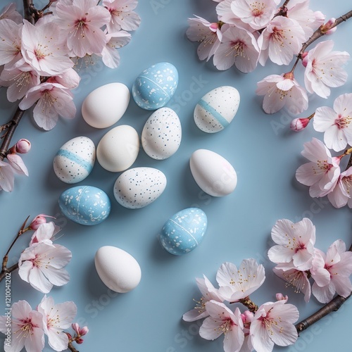 Frame with white and blue speckled easter eggs and cherry blossoms on light blue background. 