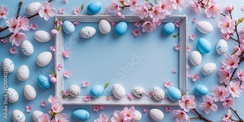 Frame with white and blue speckled easter eggs and cherry blossoms on light blue background. 