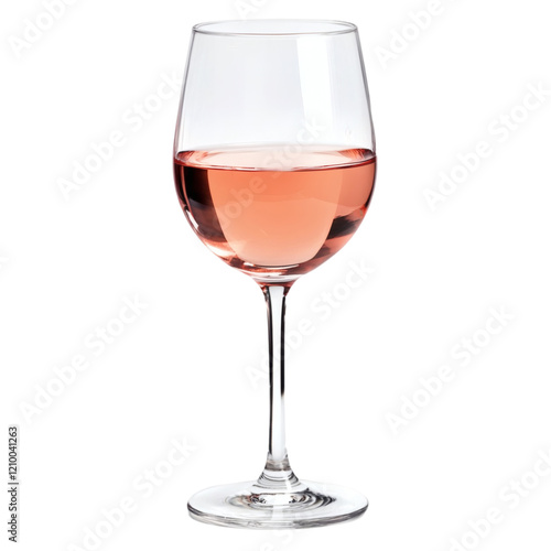 A wine glass filled with rose wine, floating on a pure white background.