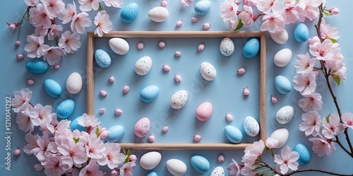 Frame with white and blue speckled easter eggs and cherry blossoms on light blue background. 
