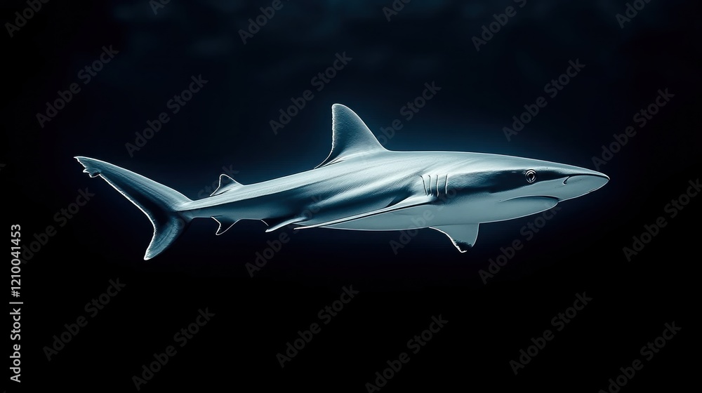 Fototapeta premium Shark swimming dark ocean background, wildlife documentary