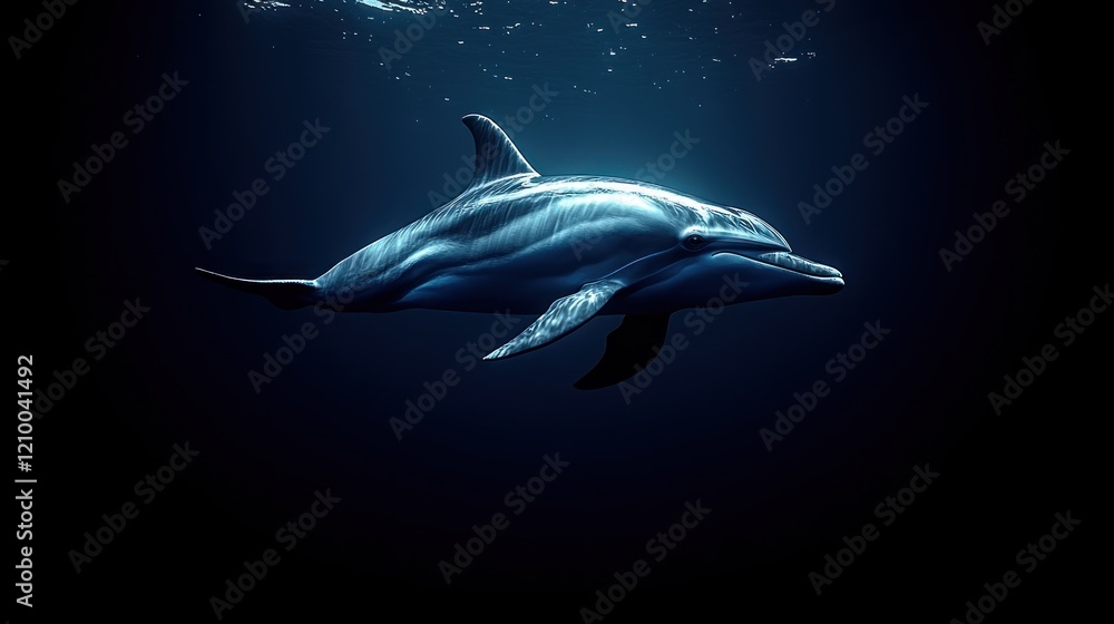 Fototapeta premium Dolphin swimming underwater, dark ocean, bubbles, wildlife, nature documentary