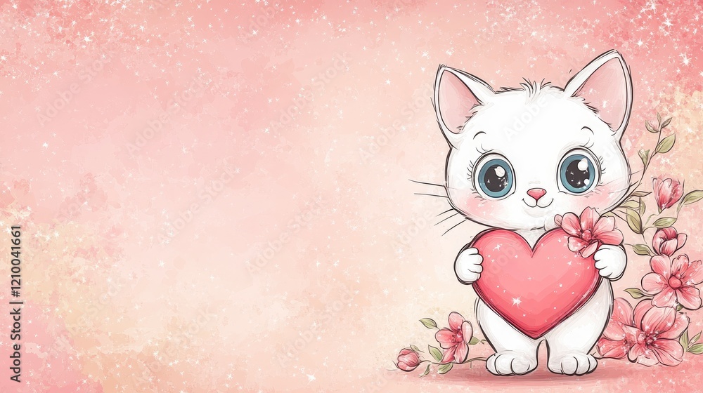 Fototapeta premium Cute cartoon cat holding a heart with sparkles and flowers on a pastel pink Valentine's Day background.