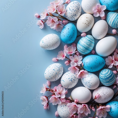 Frame with white and blue speckled easter eggs and cherry blossoms on light blue background. 