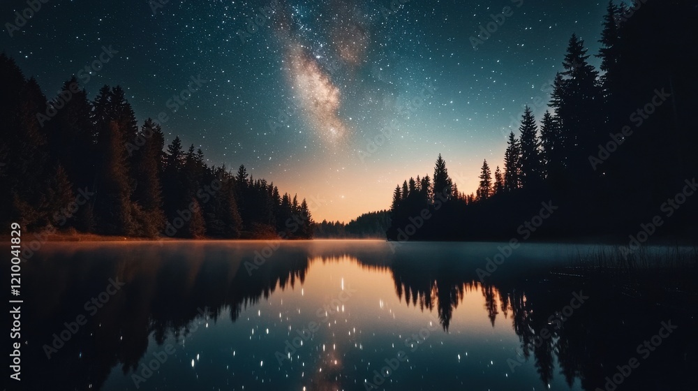 Mesmerizing Milky Way Reflected in Serene Mountain Lake at Nightfall Mesmerizing Milky Way Reflected in Serene Mountain Lake at Nightfall