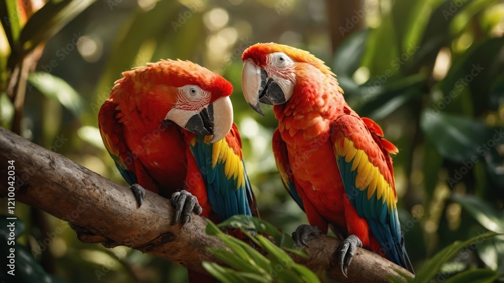 Obraz premium Two vibrant parrots perched on a branch amidst lush greenery.