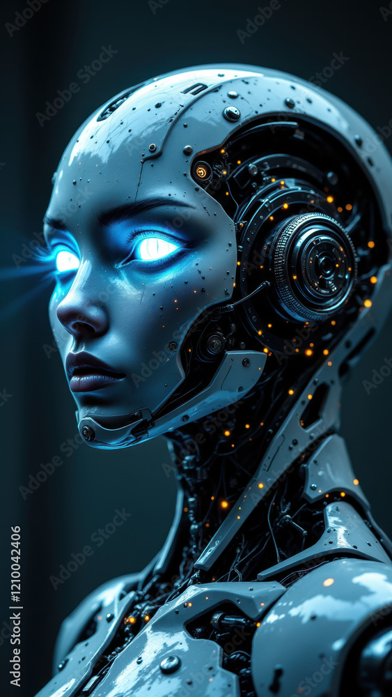 Futuristic humanoid robot with advanced AI features and glowing blue eyes, set against a dark backdrop with subtle light accents. Futuristic humanoid robot with advanced AI features and glowing blue eyes, set against a dark backdrop with subtle light accents.