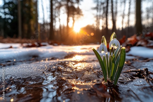 A stunning image capturing snowdrop flowers sprouting from the forest floor, kissed by sunlight and surrounded by melting snow, symbolizing the arrival of spring and new beginnings. photo