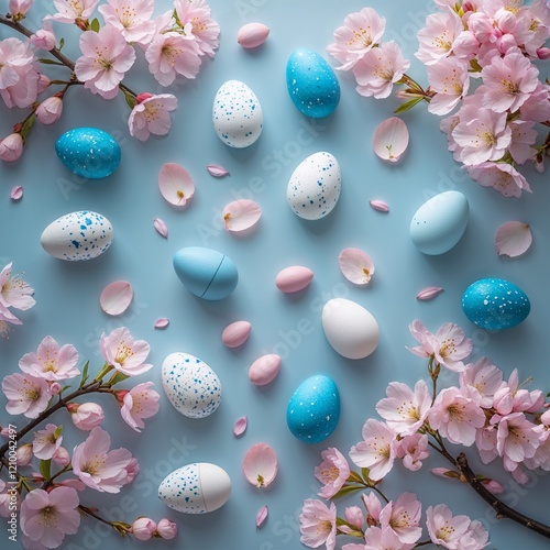 Frame with white and blue speckled easter eggs and cherry blossoms on light blue background. 