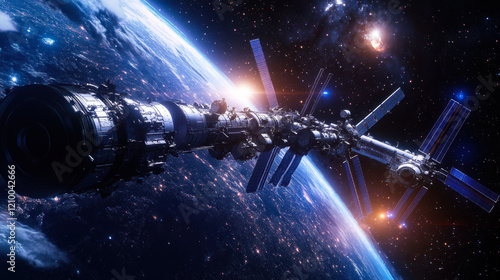 Fototapeta Naklejka Na Ścianę i Meble -  Space station docking with a spacecraft under the Milky Way