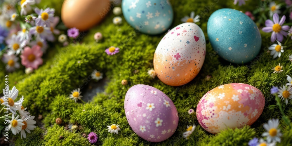 custom made wallpaper toronto digitalPainted eggs made from natural materials, placed on a green mossy surface, surrounded by spring flowers, minimalist style