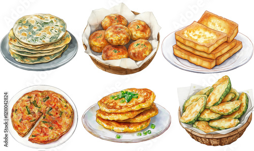 watercolor illustration set of traditional korean pancakes photo