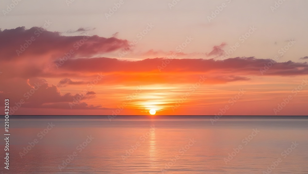 Orange Sunrise Over Calm Ocean Water with Cloudscape at Dawn Horizon Orange Sunrise Over Calm Ocean Water with Cloudscape at Dawn Horizon