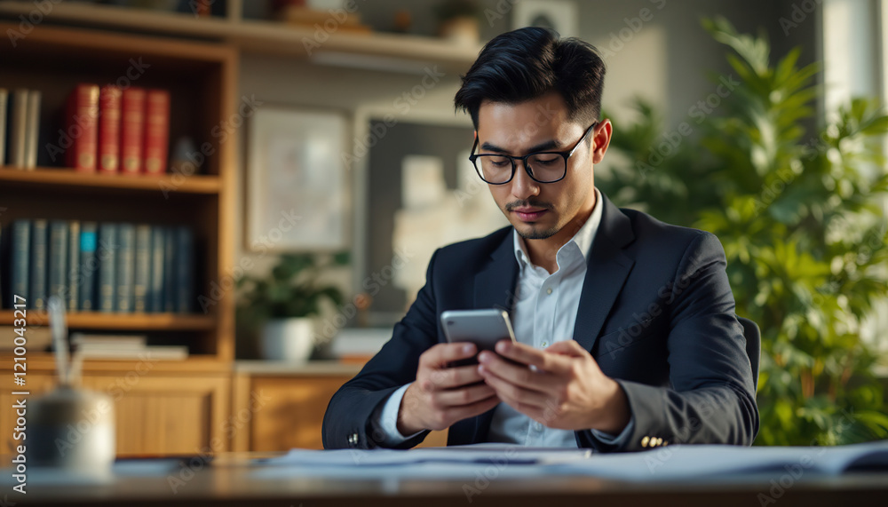 Focused Man in Suit Uses Smartphone in Serene Office Focused Man in Suit Uses Smartphone in Serene Office