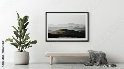 Landscape mockup frame artwork displayed in modern living room environment minimalist viewpoint concept