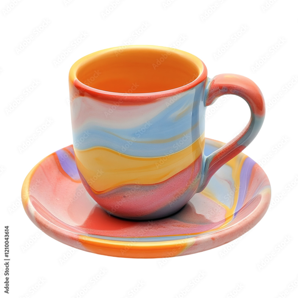 A colorful ceramic coffee mug with a saucer, floating on white. A colorful ceramic coffee mug with a saucer, floating on white.