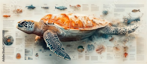 Ocean turtle infographic; marine life chart background; educational poster photo