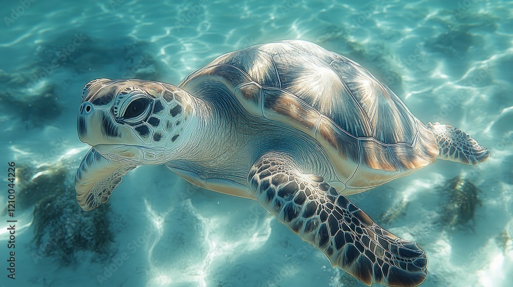 Fototapeta premium Sea turtle swimming shallow coral reef sunlight tourism