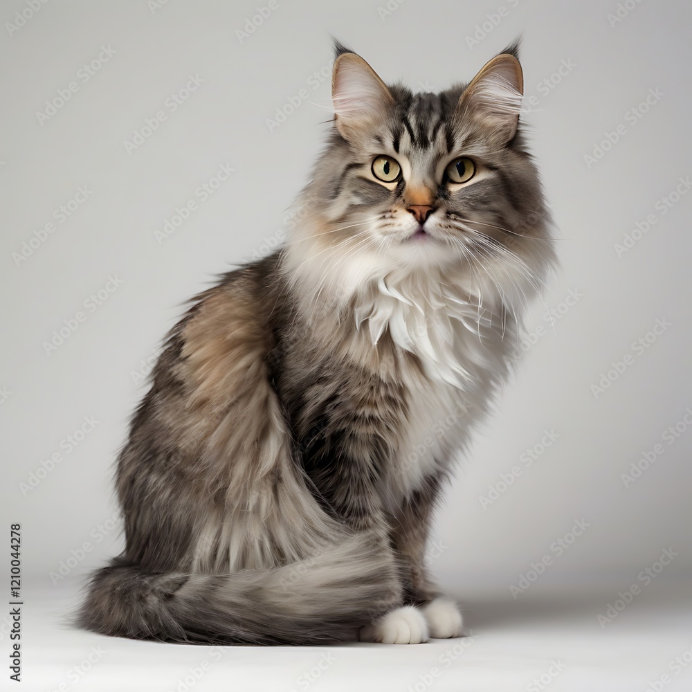 A fluffy cat with brown and grey fur sits and looks forward in a studio shot for business A fluffy cat with brown and grey fur sits and looks forward in a studio shot for business