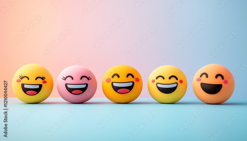 Group of smiling emojis with different joyful facial expressions, placed on a soft gradient background that blends soothing pastel colors for a cheerful vibe Group of smiling emojis with different joyful facial expressions, placed on a soft gradient background that blends soothing pastel colors for a cheerful vibe