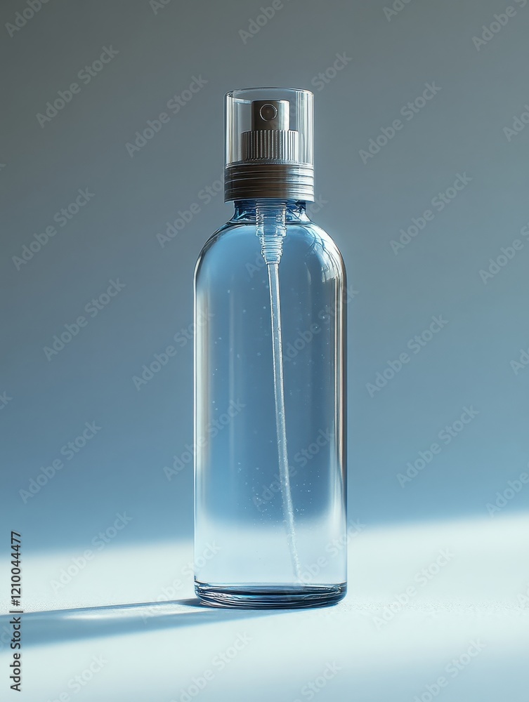 A clear spray bottle containing liquid, designed for dispensing purposes. A clear spray bottle containing liquid, designed for dispensing purposes.