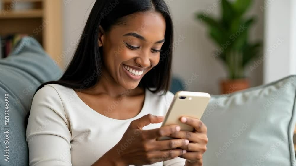 Joyful Woman Engaged in Social Media on Smartphone While Relaxing on Couch in Cozy Living Room with Indoor Plants Joyful Woman Engaged in Social Media on Smartphone While Relaxing on Couch in Cozy Living Room with Indoor Plants