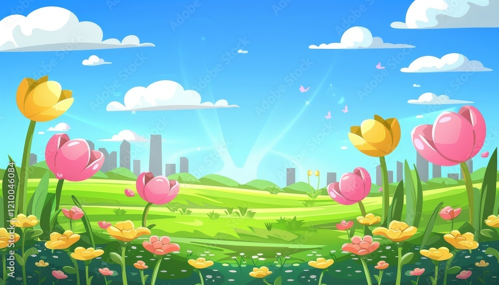 Fototapeta premium A cartoon illustration of a spring day with a cityscape in the background. The sun is shining brightly and there are flowers and butterflies in the foreground.