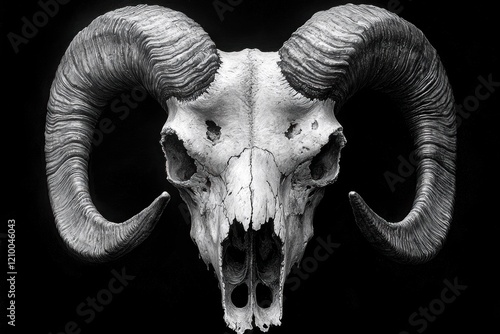 Ram skull, black background, studio shot, memento mori