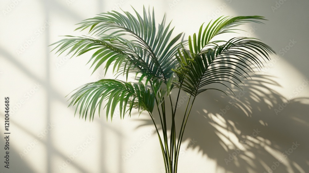 Obraz premium Indoor palm plant, sunlight, shadows, minimalist wall, home decor