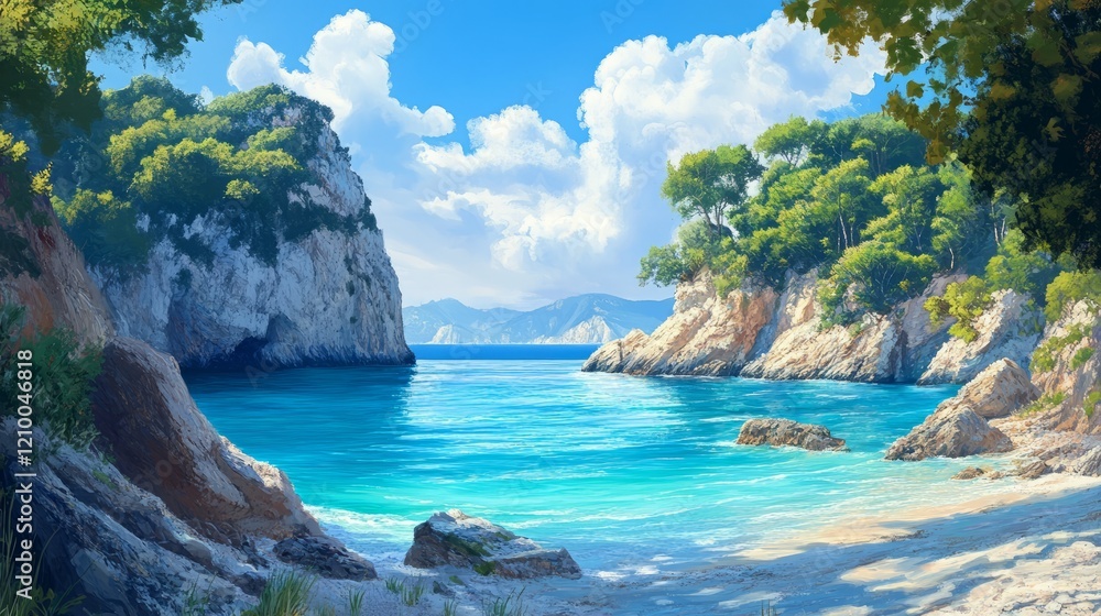 Obraz premium Colorful coastal landscape with bright blue water and rocky cliffs, peaceful and inviting, highly detailed, calm and natural, warm and idyllic, tranquil and beautiful