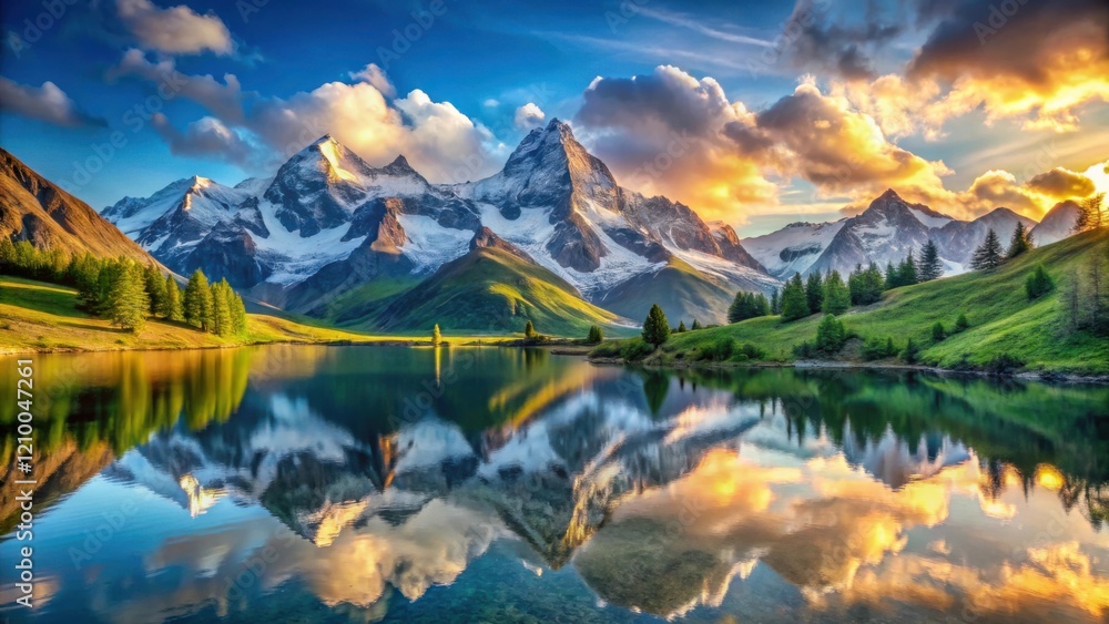 Obraz premium Serene Mountain Lake Reflecting Sunset Glory, A Picturesque Landscape of Majestic Peaks and Tranquil Waters
