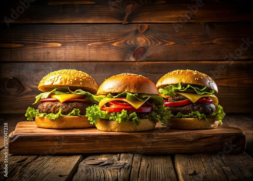 A backlit gourmet burger's juicy patty silhouettes against a dark background, showcasing its delicious appeal. photo