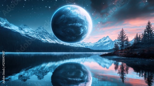 Ethereal Celestial Landscape with Reflecting Lake and Snowy Mountains at Night