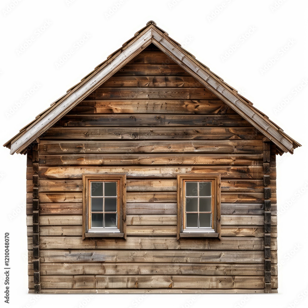 Rustic wooden house featuring two windows and a gabled roof, isolated on a white background, perfect for architectural or design projects Rustic wooden house featuring two windows and a gabled roof, isolated on a white background, perfect for architectural or design projects