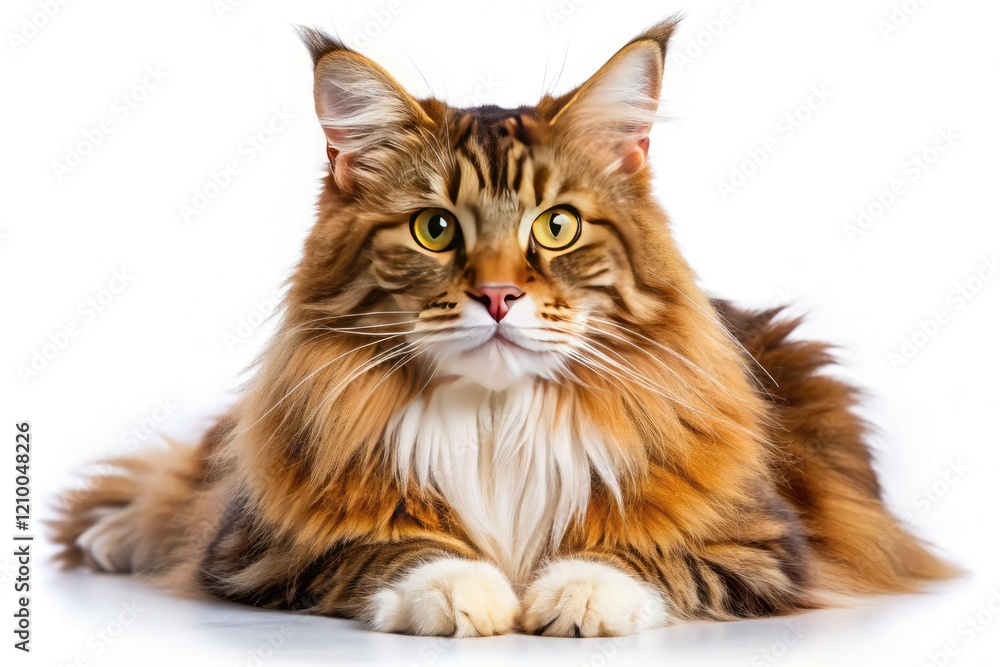 Adorable, fluffy Maine Coon cat, large and majestic, isolated on a white background.