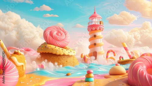 A whimsical candy land seascape with a lighthouse, candy clouds, and a seashell.