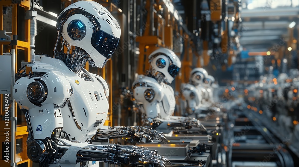 Advanced Robots Working on Assembly Line in Factory Advanced Robots Working on Assembly Line in Factory
